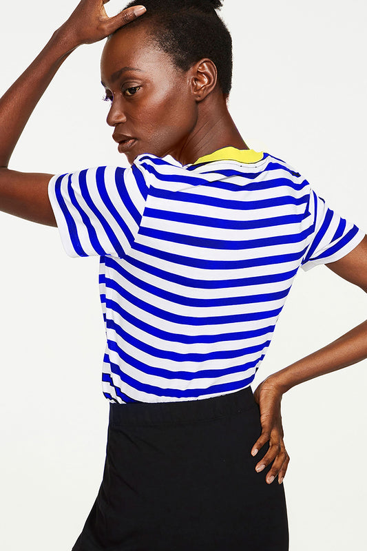 Shop lida bold stripes t-shirt signal blue by Armedangels on thegreenlabels.com