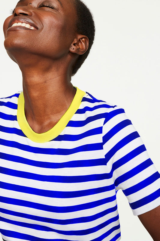Shop lida bold stripes t-shirt signal blue by Armedangels on thegreenlabels.com