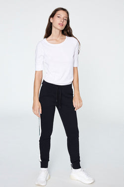 Shop aada joggers black with side stripes by Armedangels on thegreenlabels.com