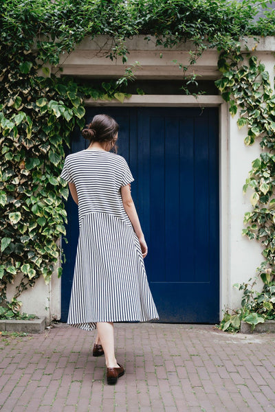 Shop ambolo dress navy stripes by Rita Row on thegreenlabels