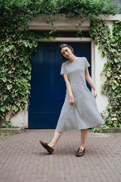 Shop ambolo dress navy stripes by Rita Row on thegreenlabels