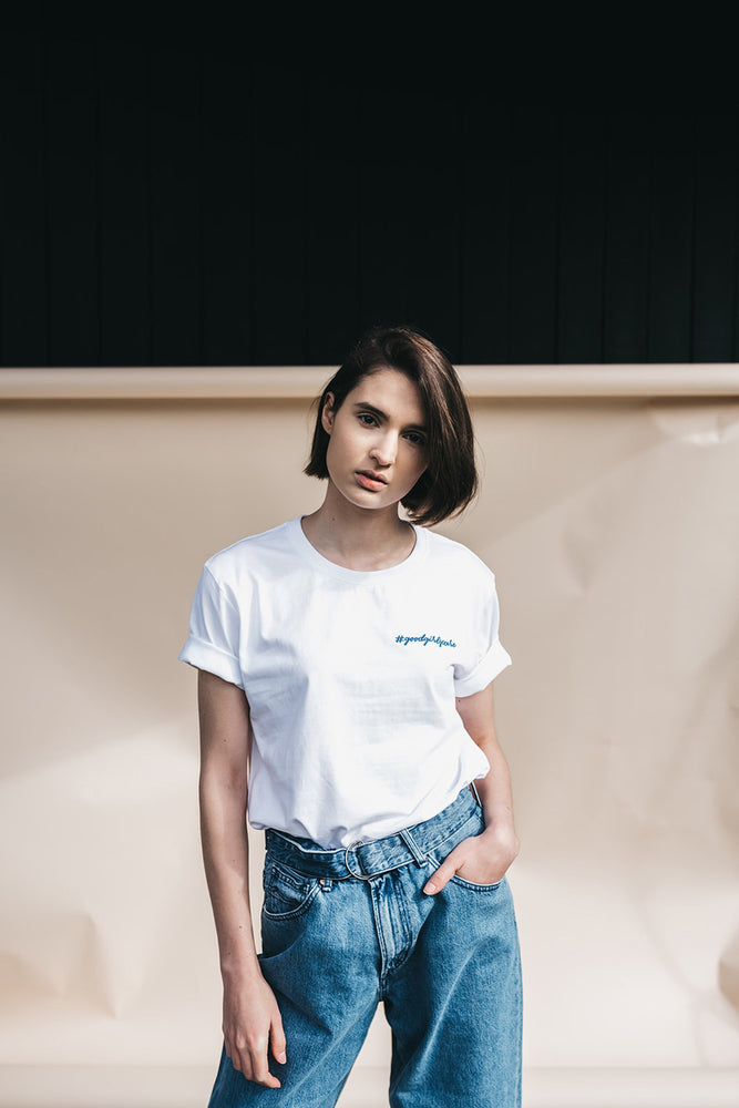 Shop #goodgirlscare tee white & blue embroidery by thegreenlabels on thegreenlabels.com