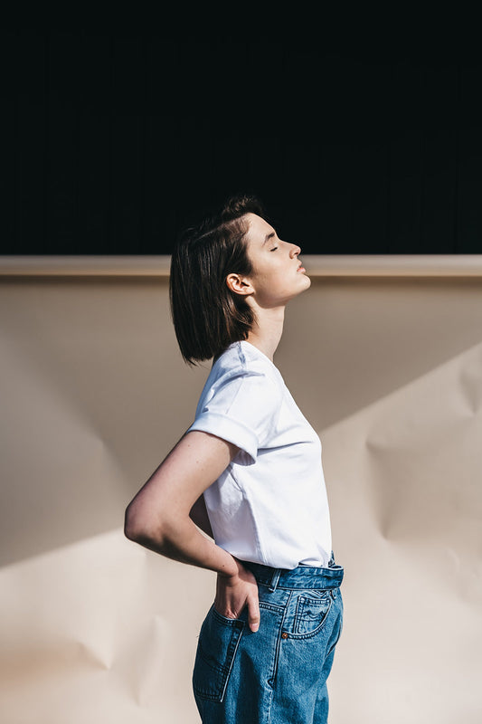 Shop #goodgirlscare tee white & blue embroidery by thegreenlabels on thegreenlabels.com