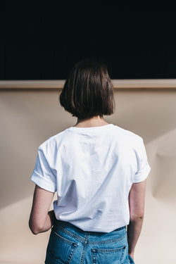 Shop #goodgirlscare tee white & blue embroidery by thegreenlabels on thegreenlabels.com