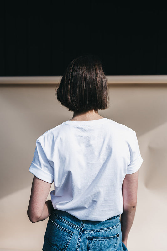 Shop #goodgirlscare tee white & blue embroidery by thegreenlabels on thegreenlabels.com