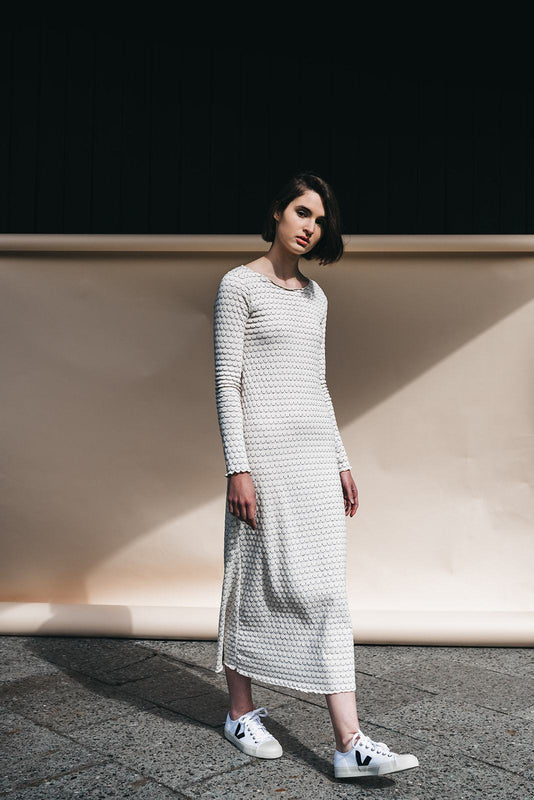 long sleeved dress white with print by Signe on thegreenlabels.com