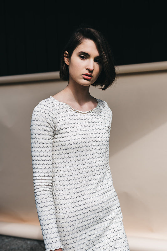 long sleeved dress white with print by Signe on thegreenlabels.com