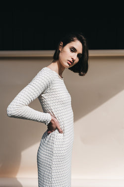 long sleeved dress white with print by Signe on thegreenlabels.com