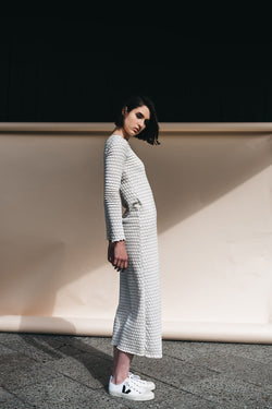 long sleeved dress white with print by Signe on thegreenlabels.com