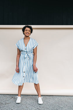 saalika block stripe dress breeze blue-off white on thegreenlables
