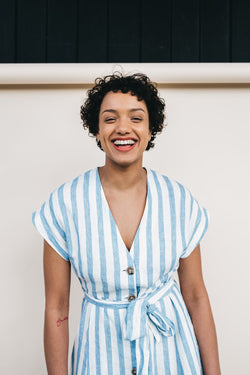 saalika block stripe dress breeze blue-off white on thegreenlables