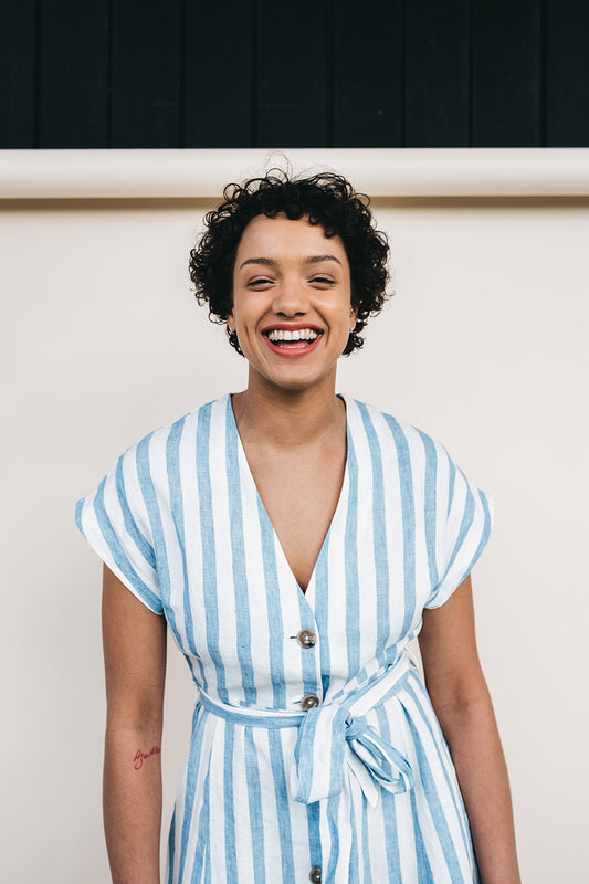 saalika block stripe dress breeze blue-off white on thegreenlables