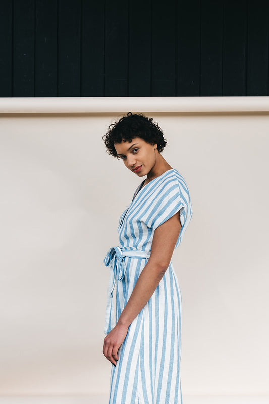 saalika block stripe dress breeze blue-off white on thegreenlables