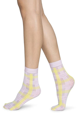 greta socks pink yellow tartan by Swedish Stockings on thegreenlabels