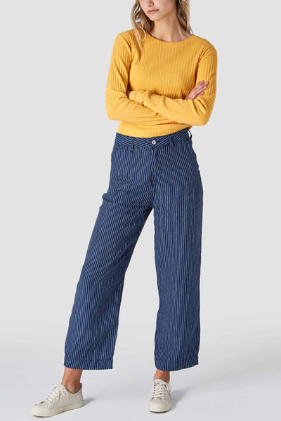 shop leila striped linen pants navy by Kings Of Indigo on thegreenlabels