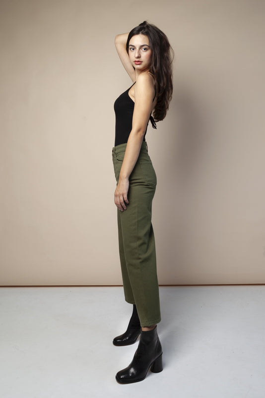 shop ariel wide leg jeans khaki by People Tree at thegreenlabels