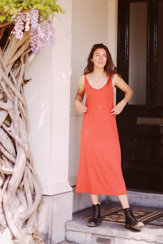 shop midi triangle rust dress by JAN’N JUNE on thegreenlabels.com