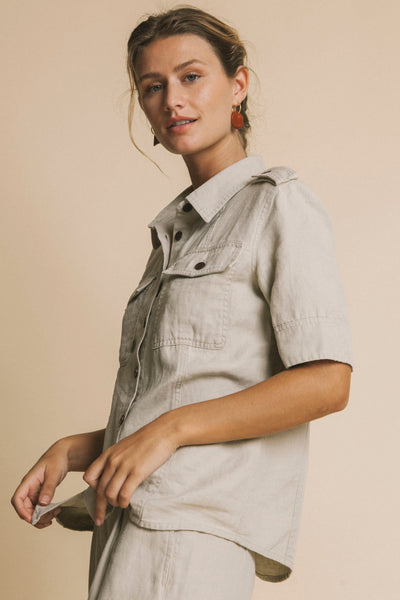 stone hemp kariba blouse by Thinking Mu on thegreenlabels