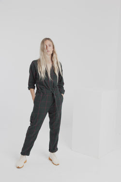 tomboy plaid green jumpsuit by Thinking Mu on thegreenlabels