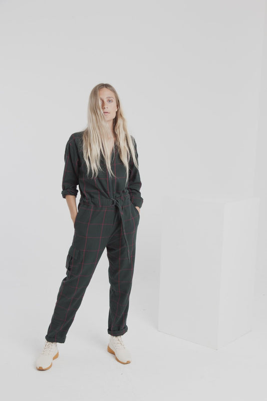 tomboy plaid green jumpsuit by Thinking Mu on thegreenlabels