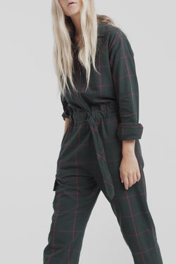 tomboy plaid green jumpsuit by Thinking Mu on thegreenlabels