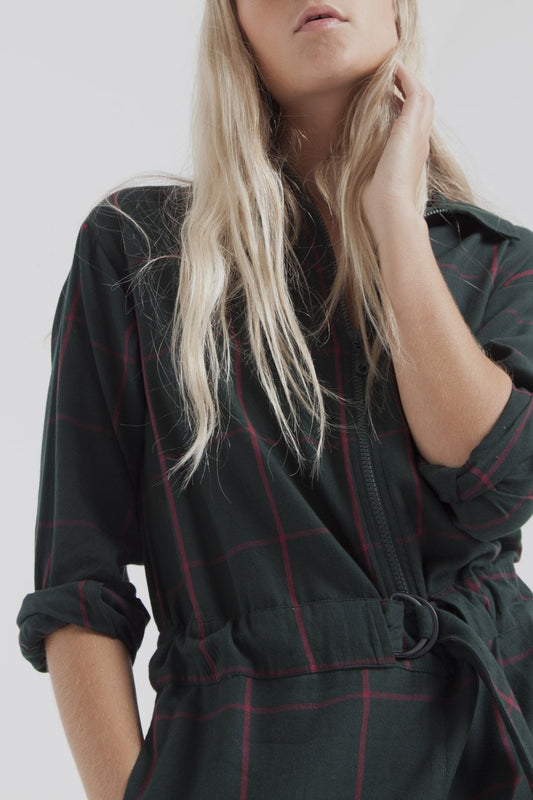 tomboy plaid green jumpsuit by Thinking Mu on thegreenlabels