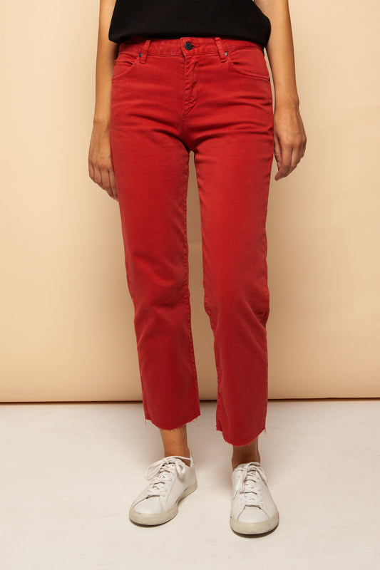 fjellaa cropped denim pants aurora red by ARMEDANGELS on thegreenlabels