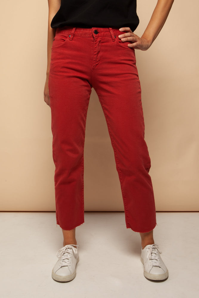 fjellaa cropped denim pants aurora red by ARMEDANGELS on thegreenlabels