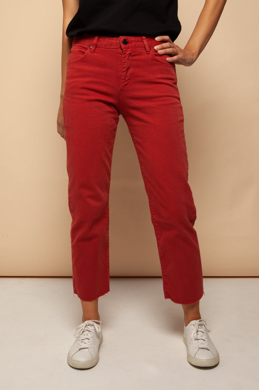 fjellaa cropped denim pants aurora red by ARMEDANGELS on thegreenlabels