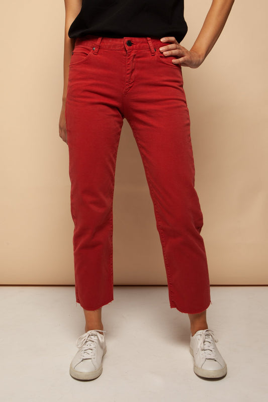 fjellaa cropped denim pants aurora red by ARMEDANGELS on thegreenlabels