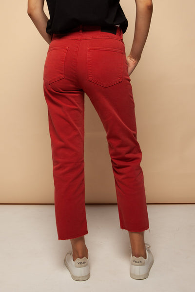 fjellaa cropped denim pants aurora red by ARMEDANGELS on thegreenlabels