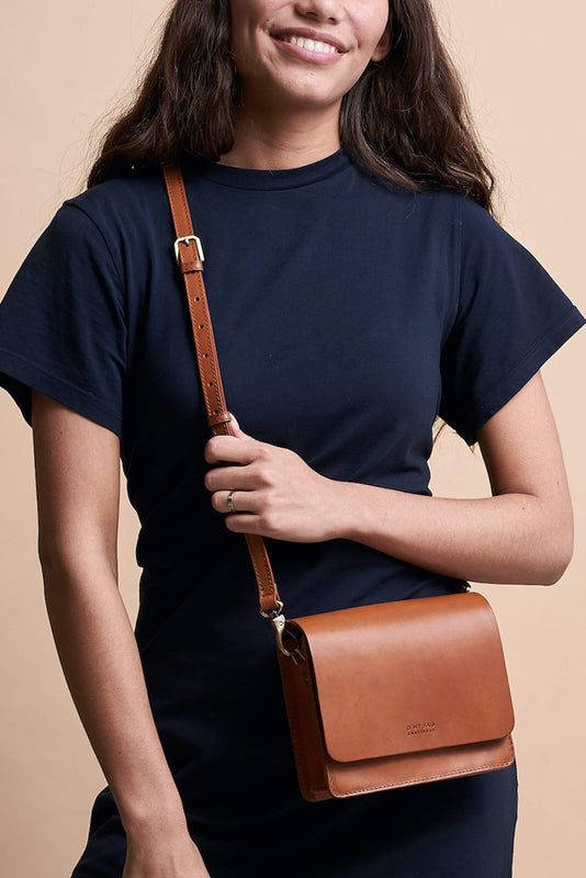 shop audrey mini cognac classic leather by O My Bag on Thegreenlabels