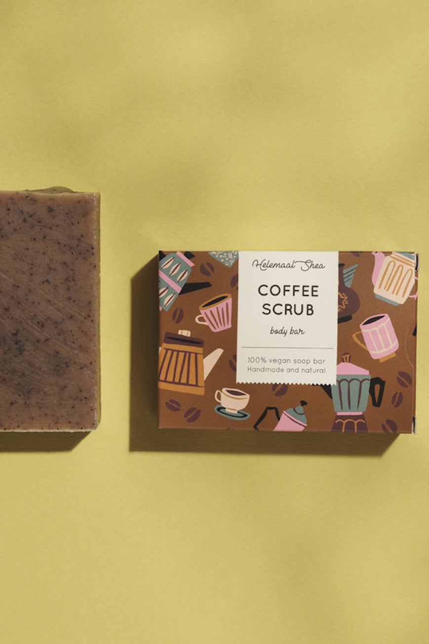coffee scrub body bar by Helemaal Shea on thegreenlabels