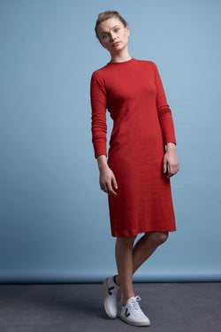 Dresses - Building Block Ladder Rib Long Sleeve Dress Red <br> By Kowtow