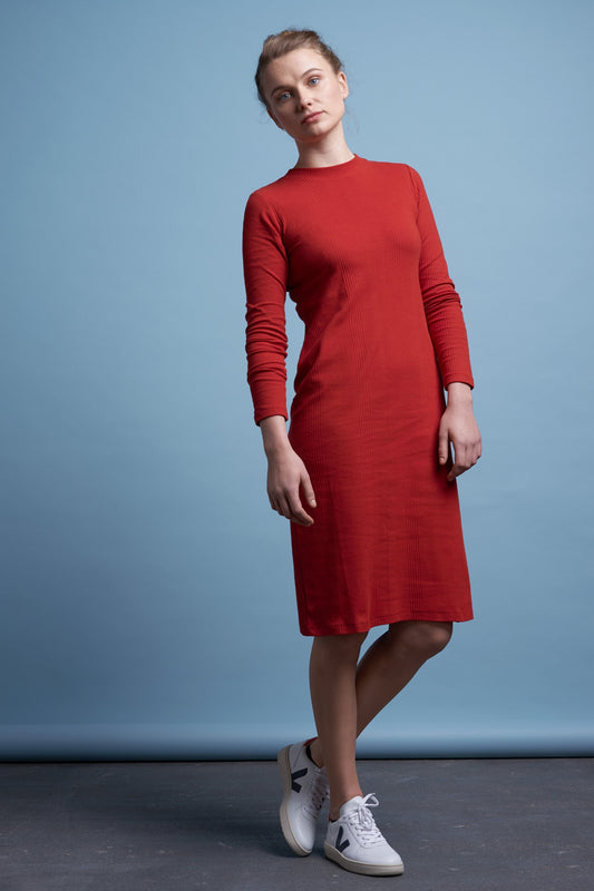 Dresses - Building Block Ladder Rib Long Sleeve Dress Red <br> By Kowtow