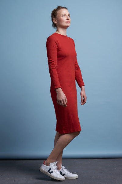 Dresses - Building Block Ladder Rib Long Sleeve Dress Red <br> By Kowtow