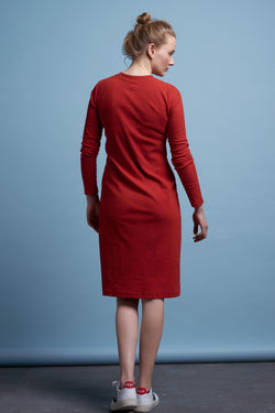 Dresses - Building Block Ladder Rib Long Sleeve Dress Red <br> By Kowtow