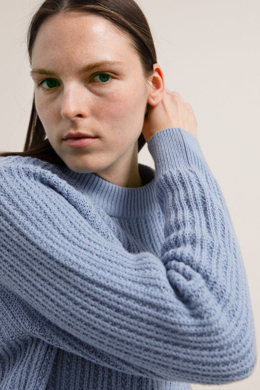 shop hinaa knit arctic blue by armedangels on thegreenlabels