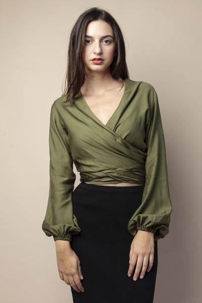 Shop wrap blouse olive by Cossac at thegreenlabels