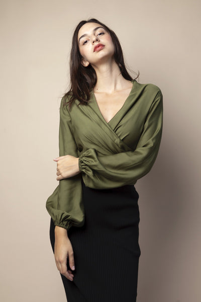 Shop wrap blouse olive by Cossac at thegreenlabels